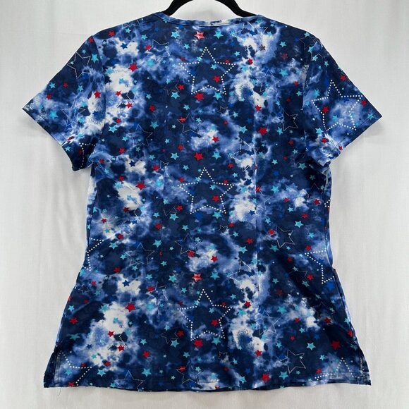 Dickies Scrub Top Womens Sz M Americana Stars and Tie Dye Medical Uniform Blue - Picture 2 of 10